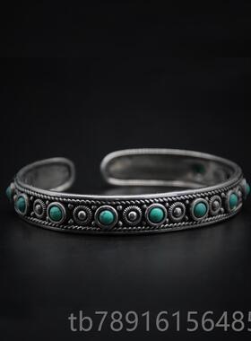 正品民族风925银手镯古原款开口藏族特色纯做旧手环游牧草风蒙复