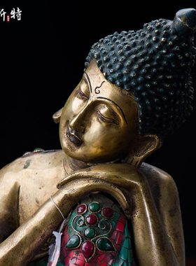 《自在佛铜像》西藏家居用品客厅摆件尼泊尔铜镶嵌宝石大号1尺