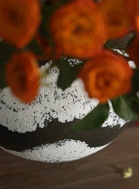 新中式日式手工陶罐墨羽花器诧寂风装饰品摆件样板间酒店陶瓷花瓶