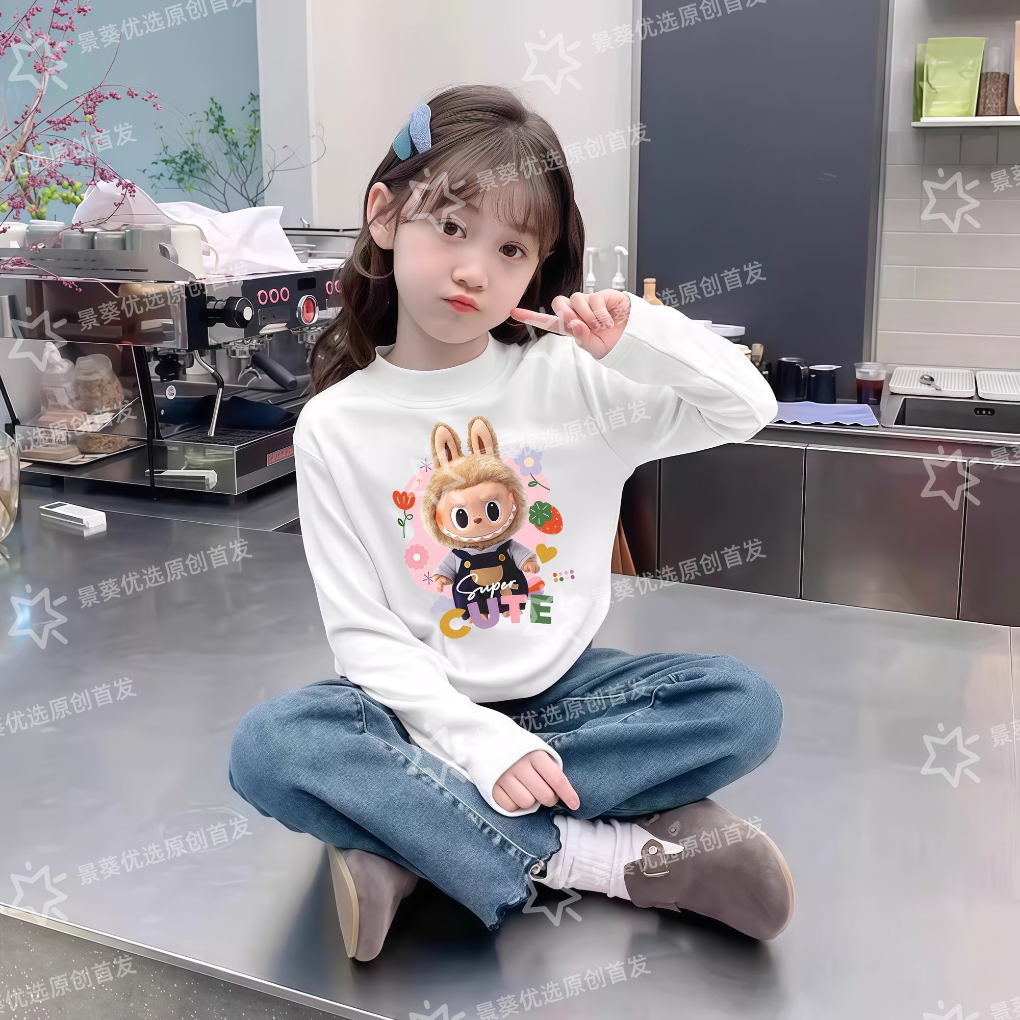 儿童德绒保暖打底衫秋冬季2025新款拉布布印花可爱女童半高领衣服 - 图1