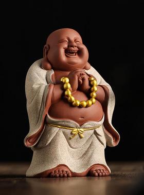 紫砂精品彩色弥勒佛摆件招财笑面佛新中式禅意客厅办公室装饰桌面