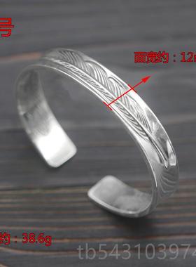 正品S925纯银开草口羽毛潮牌手工古高唐桥复手镯手环个性简约男女