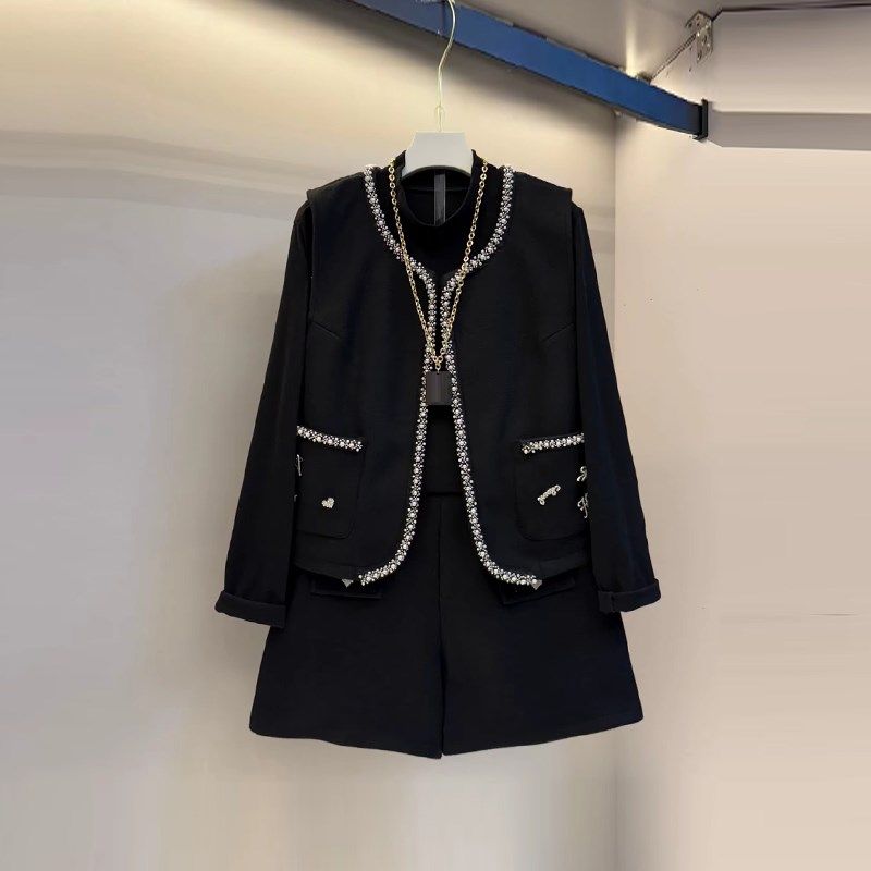 胖妹妹钉珠边g马甲半高领打底衫短裤大码女装韩版通勤风显瘦三件,淘宝优惠券,粉丝福利购,淘宝优惠卷