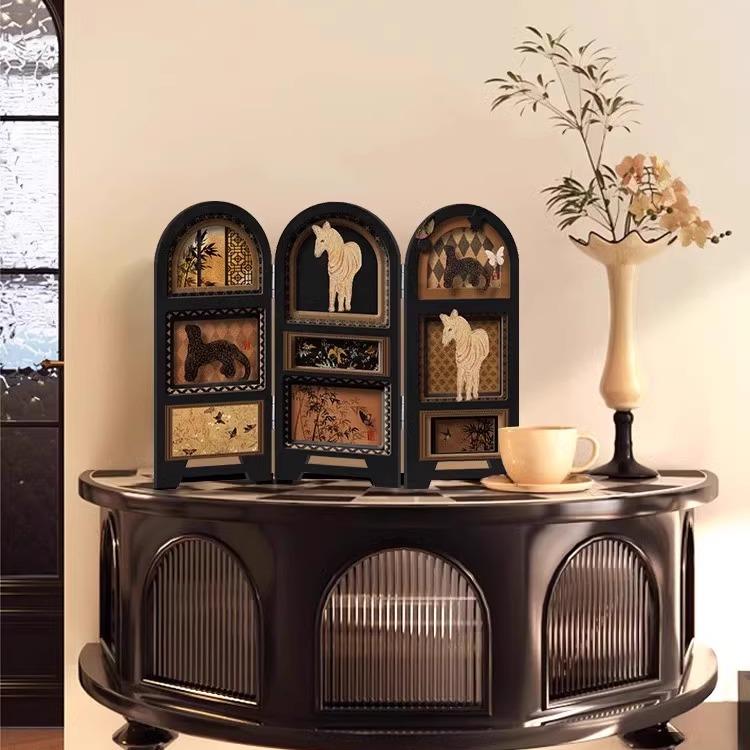 新款中古风桌面屏风摆件复古客厅电视柜装饰画玄关边柜法式小摆件 - 图0