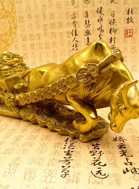 纯铜牛拉车摆件大号牛拉元宝白菜工艺品家居装饰招财礼品风水摆设