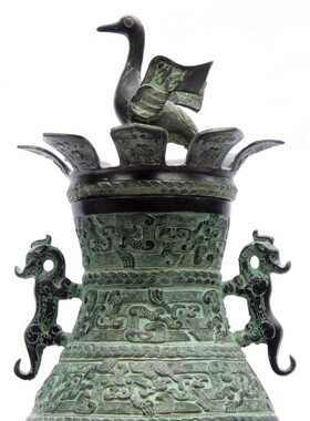 仿古青铜器花瓶摆件仙鹤展翅圆壶家居风水礼品客厅装饰插花双虎瓶