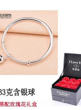 正品999纯银光面手女 简约宫镯铃铛银手环送子镯刻字年轻银饰女友