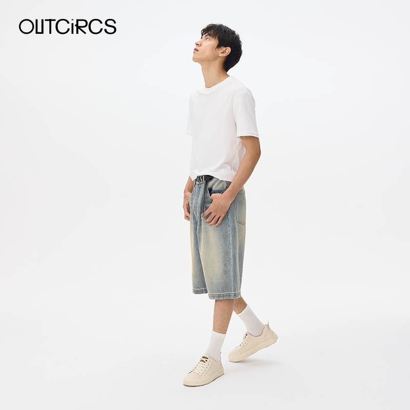 OUTCiRCSA型水洗做旧牛仔七分裤2025夏新款男纯棉宽松休闲短裤,淘宝优惠券,粉丝福利购,淘宝优惠卷