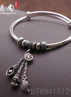 高档9999足子银手送镯复古纯银流苏款貔貅袋叶子吊坠福推拉银镯女