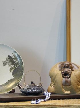 高档新中居式手工瓷弥勒陶佛禅意摆件 客厅博古架茶家佛室像恭喜