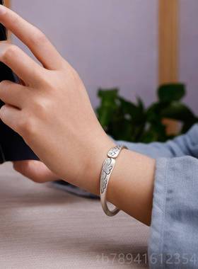 高档九乐999手镯口女纯银年银轻款开哑光老银式山海如意纯手镯送