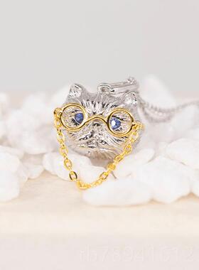 高档由子野丨动链物系列丨蓝石小猫咪项女纯银宝锁骨链众高级原创