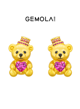 GEMOLA/格莫拉叛逆千金风古法拉丝金色小熊项链耳夹戒指手串
