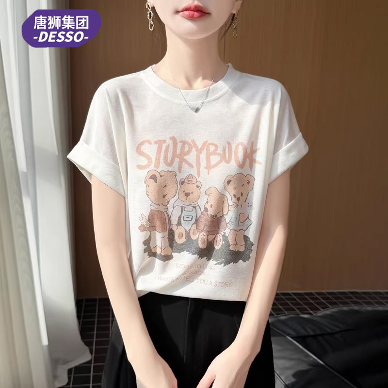 唐狮集团DESSO复古卡通印花舒适圆领T恤女宽松透气小飞袖百搭打底