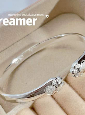 纯银实心平安喜乐猫爪手镯贵妃镯