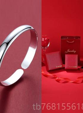 正品贵妃送纯银手镯999镯女开口简约光面饰品子七妈夕礼物女友妈