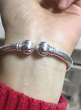 正品99纯银手镯制 开口实心9蒜头足银手镯工订定手南瓜头银手镯礼