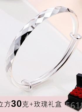 正品时尚银手镯女银999纯银年轻节简约手镯母亲礼物实款心镯子送