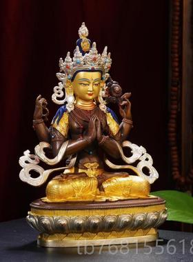 正品四臂观音像黄鎏金鎏银居音家供奉7寸1尺佛前摆佛件观世菩萨佛