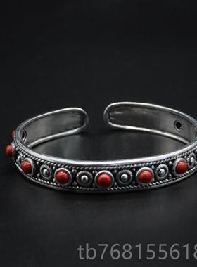 正品纯民族风925族银手镯复古款开口藏特原色做旧手环游牧草风蒙