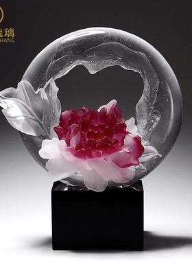 琉璃艺术品牡丹花摆件客厅办公室装饰轻奢创意高级工艺品乔迁礼物