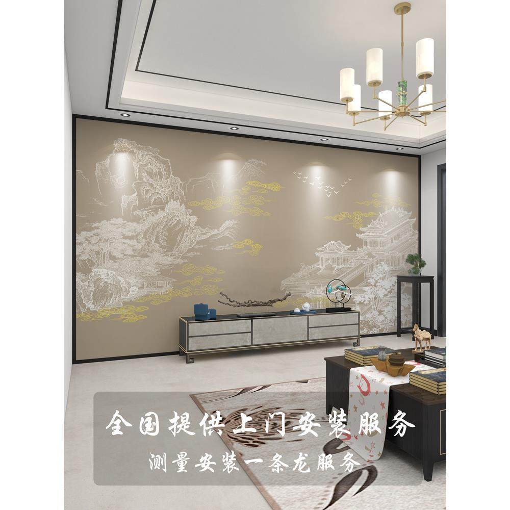 壁纸定制新中式亭台楼阁电视背景墙壁布客厅墙纸沙发装饰墙布壁画,淘宝优惠券,粉丝福利购,淘宝优惠卷