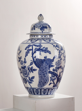 精选青花瓷陶瓷储物罐将军罐新中式收纳摆件客厅样板间博古架玄关
