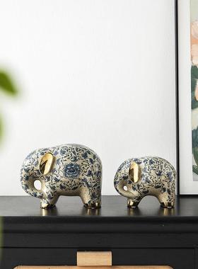 覆古景德镇青花瓷大象新中国风陶瓷饰品入口客厅高端家居酒柜装饰