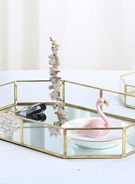 高档古铜条金属复玻璃首饰收纳盘ns北欧i色金装饰摆件收纳化妆品