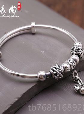 高档足银9999纯银手镯女复古气珠质流苏款鱼推吊友坠圆镯子拉送女