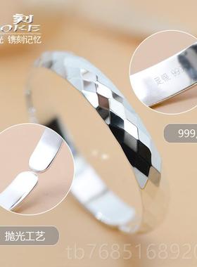 高档99银手镯女银年轻款时尚9品新水立饰方实心银纯镯子简约开口