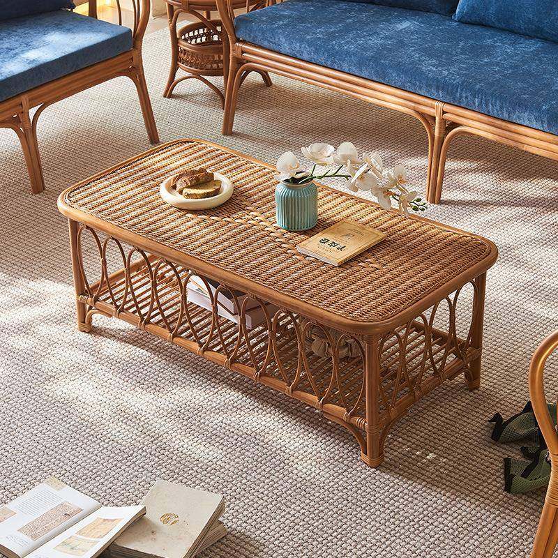 姹寂风复古手工藤编茶几家用客厅小户型中古长方形藤小茶桌带储物,淘宝优惠券,粉丝福利购,淘宝优惠卷
