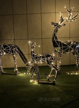 不锈钢几何鹿雕塑创意镂空发光母子鹿镜面金属拉丝动物落地摆件