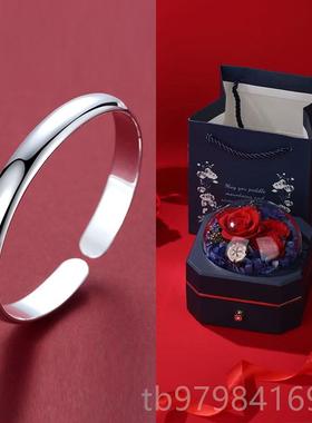 正品纯银手镯999镯子女开口简约光贵面饰品七夕妃礼妈物送女友妈