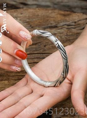 高档银坊南大理足银女时尚个性子节节高云开口银手镯年轻款.传竹