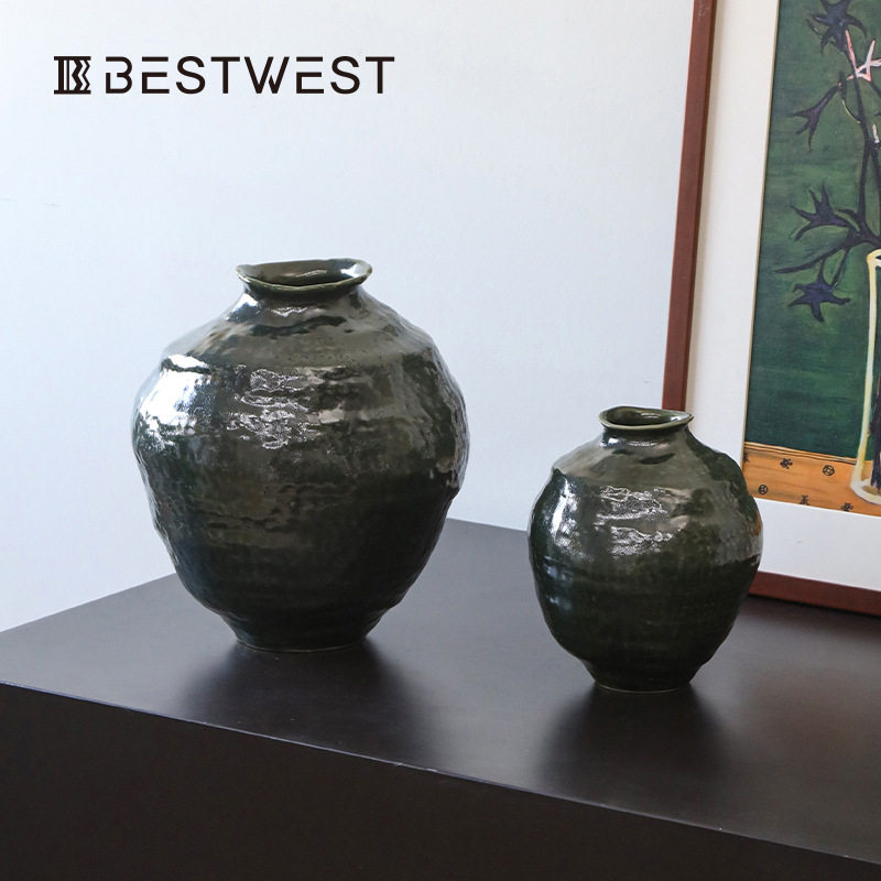 Bestwest花瓶新中式花器客厅酒店桌面复古民宿陶瓷摆件装饰品高档,淘宝优惠券,粉丝福利购,淘宝优惠卷