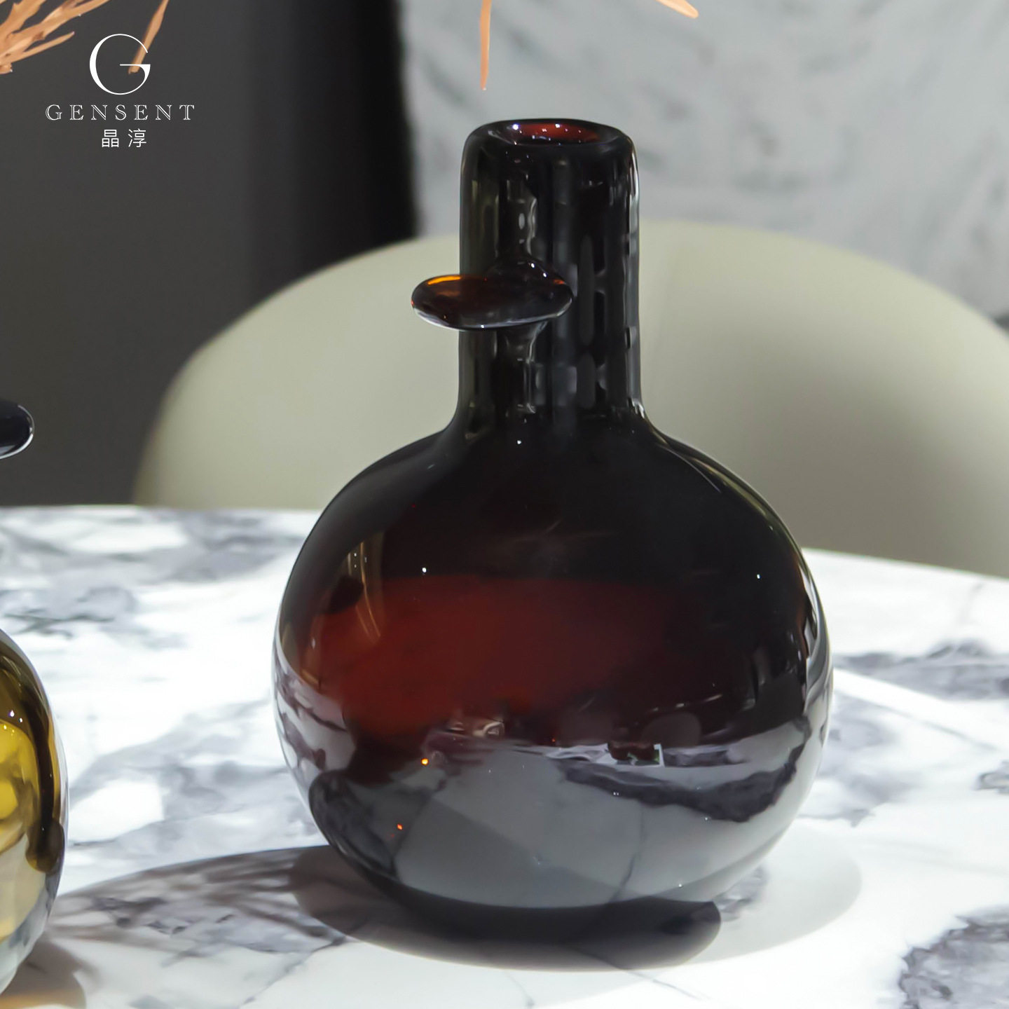 晶淳 咖色轻奢中式复古客厅餐桌插干花竹子装饰花瓶玻璃水晶摆件,淘宝优惠券,粉丝福利购,淘宝优惠卷