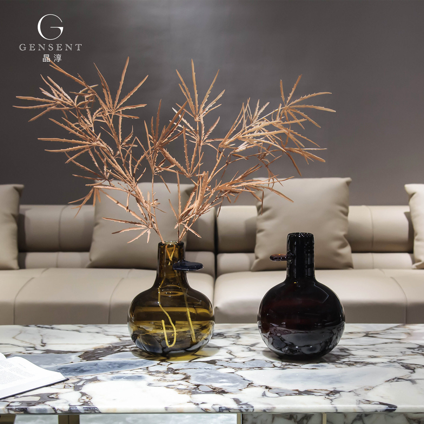晶淳 咖色轻奢中式复古客厅餐桌插干花竹子装饰花瓶玻璃水晶摆件,淘宝优惠券,粉丝福利购,淘宝优惠卷
