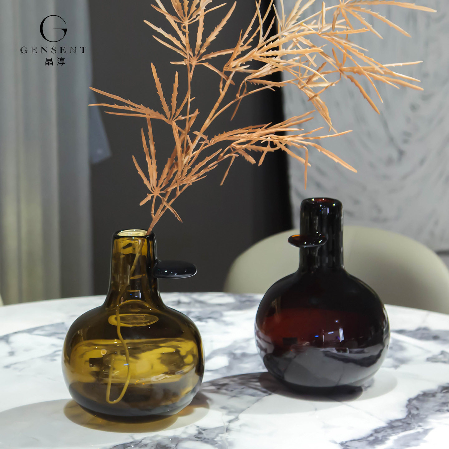 晶淳 咖色轻奢中式复古客厅餐桌插干花竹子装饰花瓶玻璃水晶摆件,淘宝优惠券,粉丝福利购,淘宝优惠卷