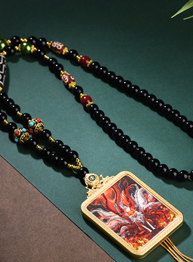 高档毛衣链黑曜石六字真言项链手工编织绳唐卡佛牌水晶吊坠挂绳