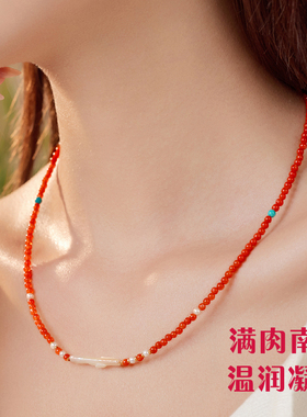 天然南红玛瑙毛衣链珍珠新中式