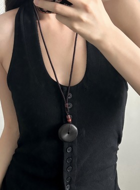 复古紫檀木平安扣吊坠项链