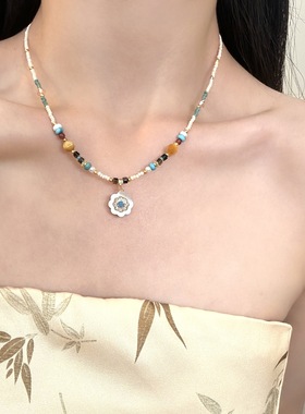 天然贝壳天然石太阳花串珠项链女