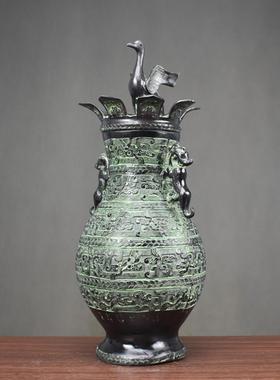 古董青铜花瓶摆件仙鹤展翅圆壶家居风水礼品客厅装饰插花双虎花瓶