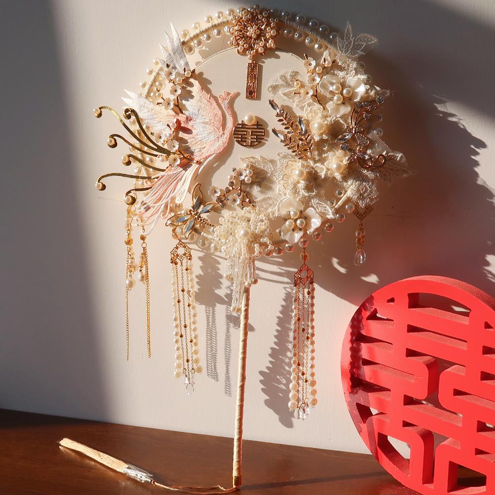 团扇结婚新娘秀禾中式接亲成品送闺蜜粉色别致手工diy材料包喜扇 - 图1