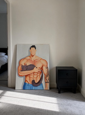 小众艺术抽象简约糙汉与猫咪卡通油画挂画趣味肌肉男卧室挂画