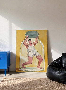 小众艺术抽象情绪画男体卡通氛围感油画挂画趣味肌肉男艺术装饰画