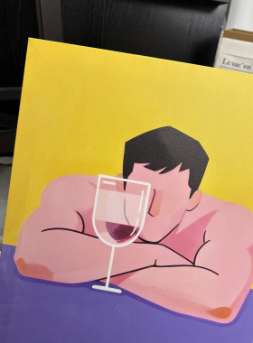 肌肉男红酒杯装饰画卡通平面氛围感画喷绘客厅工作室艺术画框