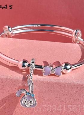 高档儿童银手9镯纯镯女子男女足银99小孩银手环童学生银卡通生日