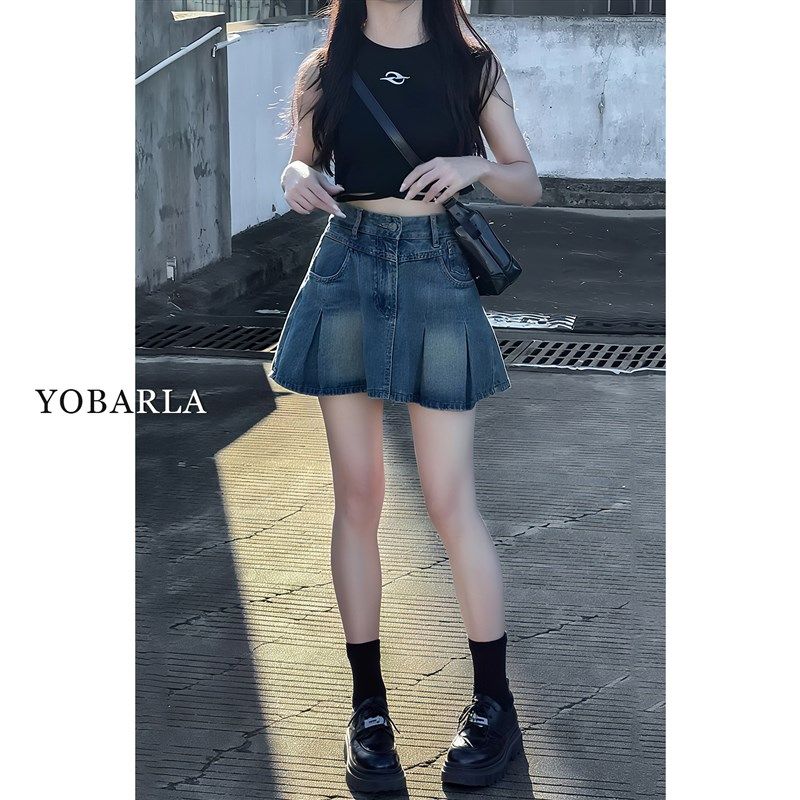 复古高腰百褶牛仔短裙女夏季新款大码胖mm显瘦梨型身材a字半身裙,淘宝优惠券,粉丝福利购,淘宝优惠卷